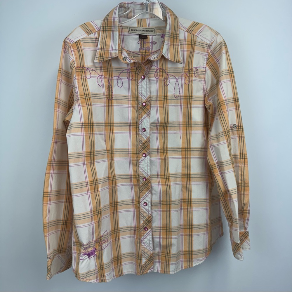 Bit & Bridle Western Embroidered Orange/Pink Plaid Pearl Snap Long Sleeve Sz. M